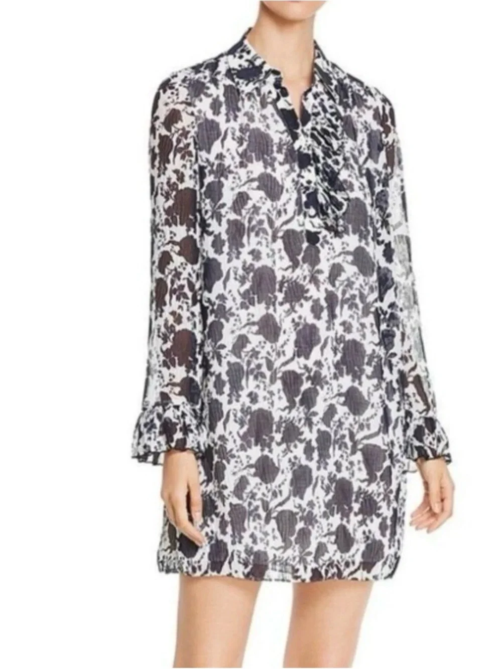 Tory Burch Navy and White Floral Long-Sleeve Shift Dress